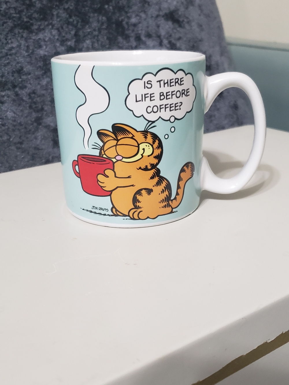 Garfield Ceramic Coffee Mug - Light Blue with Red Cup Design